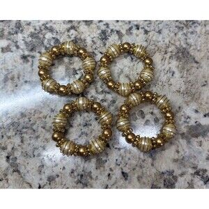 Set of 4 Fancy Gold Wire Gold & White Beaded Napkin Holders/Rings